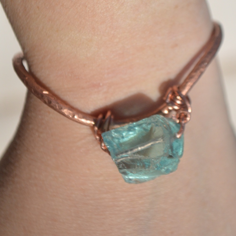 Natural Blue Sea Glass Copper Cuff Bracelet Boho Handmade wire wrapped Gift OOAK - Picture 7 of 8